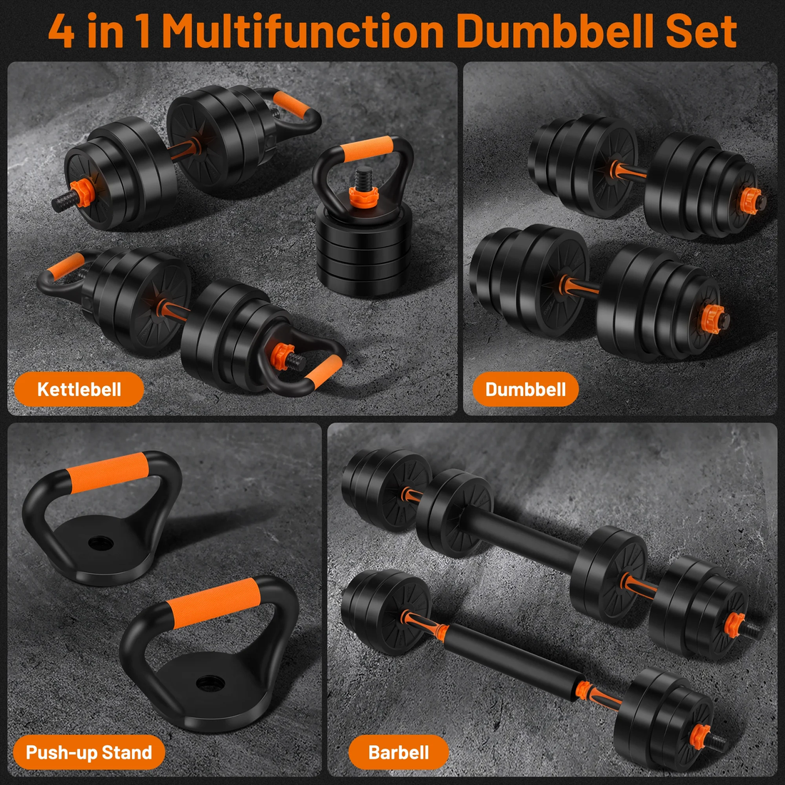 66 Lbs 4 In1 Weight Set as Barbell, Kettlebells, Push up Stand, Fitness Exercises